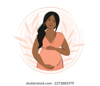 Pregnant woman with dark hair and skin, future mom hugging belly with arms. Pregnancy and motherhood concept. Vector illustration.