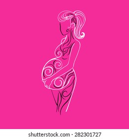 Pregnant woman in the decorative pattern in profile