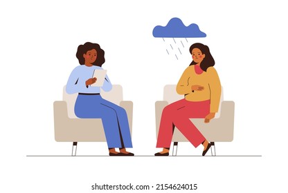 Pregnant woman in depression receives support from counselor. Mental health Therapy session in doctor's office. Psychologist has an individual meeting with young mother. Vector illustration