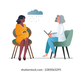 Pregnant woman in depression receives support from counselor. Pregnant woman visited childbirth or psychology support courses vector illustration. Psychologist speaking about pregnancy and maternity