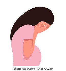 A pregnant woman in despair. Profile of a sobbing girl on a white background. Nervous breakdown. Vector flat illustration