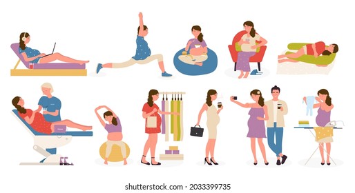 Pregnant woman in different activity, healthy lifestyle set vector illustration. Cartoon smiling lady character eating or resting, doing sport or yoga exercises, happy pregnancy isolated on white