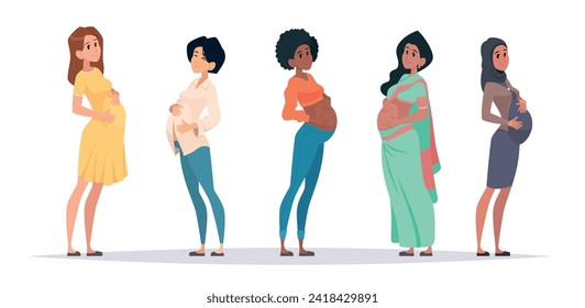 Pregnant woman. Different nationalities female pregnancy multicultural motherhood exact vector pregnant moms