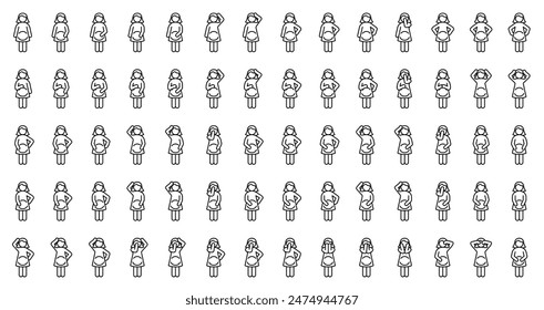 Pregnant woman in different poses as the result of state of health, symptoms, mood, condition during pregnancy. Set of outline icons (thin line vector). Front view. Editable Strokes