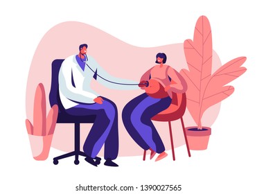 Pregnant Woman at Doctor Appointment in Clinic. Male Doctor Character Listening Baby Heart Beating Put Stethoscope on Female Belly. Pregnancy Check Up, Maternity. Cartoon Flat Vector Illustration