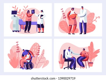 Pregnant Woman At Doctor Appointment In Clinic Set. Male Doctor Character Doing Medical Check Up. Healthy Pregnancy, Health Care, Ultrasound, Girl Invalid, Maternity. Cartoon Flat Vector Illustration