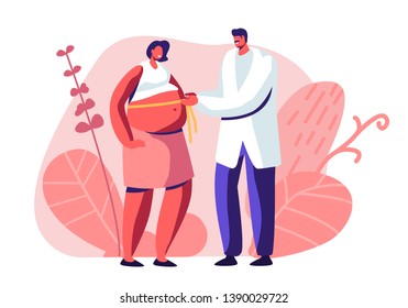 Pregnant Woman at Doctor Appointment in Clinic. Male Doctor Character Measuring Belly with Tape Line. Pregnancy Medical Check Up, Health Care, Motherhood, Child Bear. Cartoon Flat Vector Illustration