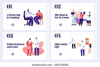 Pregnant Woman at Doctor Appointment in Clinic Website Landing Page Templates Set. Male Doctor Character Doing Medical Check Up. Healthy Pregnancy Web Page. Cartoon Flat Vector Illustration, Banner