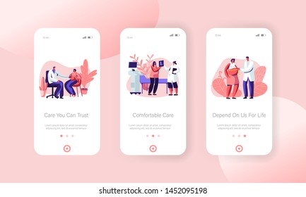 Pregnant Woman at Doctor Appointment in Clinic Mobile App Page Onboard Screen Set Medical Check Up, Pregnancy, Ultrasound, Maternity Concept for Website or Web Page, Cartoon Flat Vector Illustration