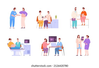 Pregnant woman at Doctor Appointment. Obstetrician gynecologist midwife with stethoscope consultation pregnancy woman, examination prenatal baby care, vector illustration. Pregnancy obstetrician