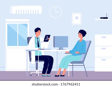 Pregnant Woman And Doctor. Gynecologist Clinic Office, Pregnancy Patient Consulting In Gynecology. Prenatal Check Up Vector Illustration