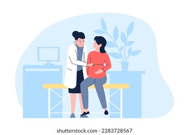 Pregnant woman at doctor, gynecologist and female health. Prenatal check up, medical diagnosis at hospital. Maternity recent vector concept