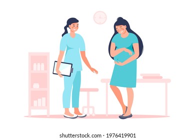 Pregnant woman with doctor in hospital medical office examination during pregnancy. Vector flat illustration. Pregnancy and maternity concept. Expectant mother, motherhood, single mother.