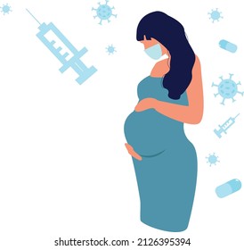 Pregnant woman at the doctor, an injection Covid-19 vaccine to momduring pregnancy, vaccinations, pregnancy health. Medical health care for pregnancy concept. Flat cartoon vector illustration 