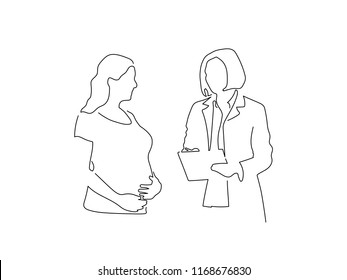 Pregnant woman with the doctor isolated line drawing, vector illustration design. Maternity collection.