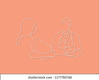 Pregnant woman with the doctor isolated line drawing, vector illustration design. Maternity collection.
