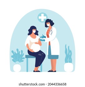Pregnant woman at the doctor, a nurse giving an injection to momduring pregnancy, vaccinations and an appointment at the clinic, pregnancy health. Flat cartoon vector illustration isolated on white