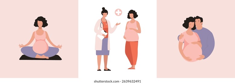 Pregnant woman at the doctor, parenthood concept, yoga and fitness for pregnant women, set of flat vector illustrations of preparing for motherhood and childbirth.
