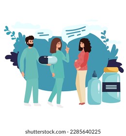 Pregnant woman at the doctor s appointment. A woman expecting a baby visits a doctor s office, examination during pregnancy. Flat vector illustration in cartoon design