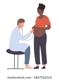 Pregnant woman at doctors appointment. Doctor listening girls belly with stethoscope. Cartoon colorful character. Concept of motherhood, maternity. Flat cartoon vector illustration