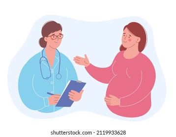  Pregnant woman at a doctor's appointment. Female doctor in uniform with  stethoscope examines  pregnant woman.  Vector flat illustration