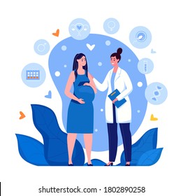 Pregnant Woman At The Doctor's Appointment. Maternity Hospital, Maternal And Perinatal Health, Preservation Of Pregnancy. Vector. Illustration In Flat Cartoon Style.