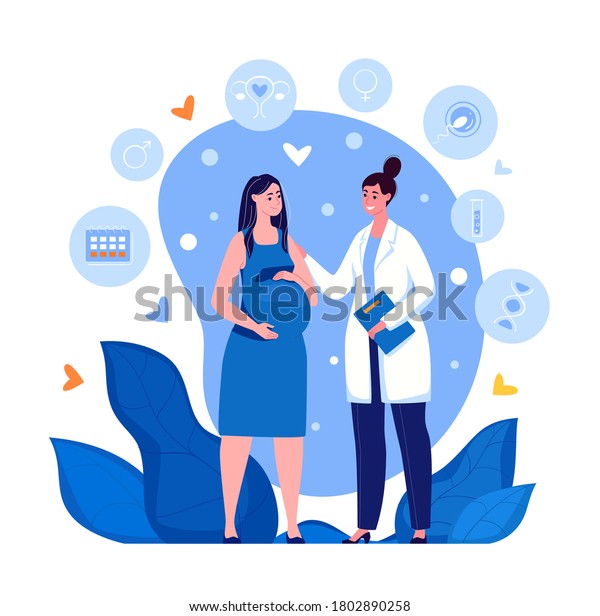 Pregnant woman at the doctor\'s\
appointment. Maternity hospital, Maternal and perinatal health,\
Preservation of pregnancy. Vector. Illustration in flat cartoon\
style.