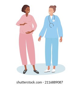 Pregnant woman at doctor's appointment. Young happy pregnant girl listening to woman's doctor. Doctor wearing special blue medical clothes. Health Concept. Colored flat cartoon vector illustration