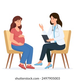 Pregnant woman at a doctor's appointment.Woman and the doctor are talking in the office.Monitoring pregnancy and healthy.Vector illustration