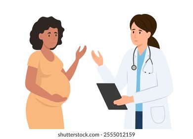 Pregnant woman at a doctor's appointment.Woman and the doctor are talking in the office.Monitoring pregnancy and healthy care.Vector illustration