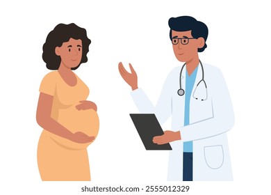 Pregnant woman at a doctor's appointment.Woman and the doctor are talking in the office.Monitoring pregnancy and healthy care.Vector illustration