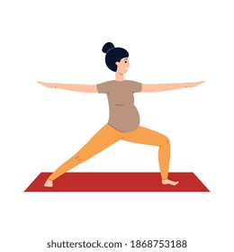 Pregnant woman does prenatal yoga on a mat. Sports and fitness during pregnancy. The concept of a healthy lifestyle. Flat vector illustration isolated on a white background.