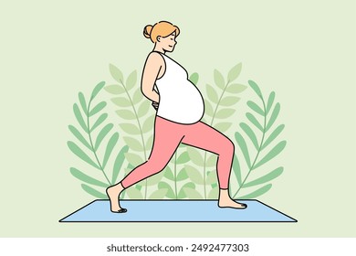 Pregnant woman does yoga on fitness mat, taking care of health of herself and unborn child. Pregnant girl is preparing to become mother by practicing yoga and pilates to support immune system.