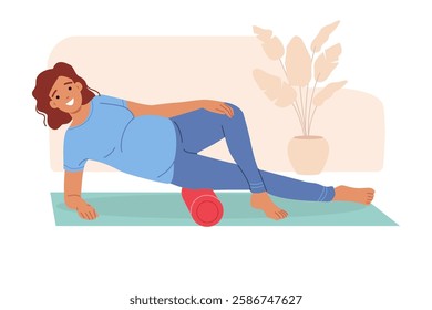 Pregnant woman does yoga or pilates to improve health, lying on fitness mat. Happy pregnant girl is preparing to become mother, uses roller for pilates and avoids appearance of swelling on thighs