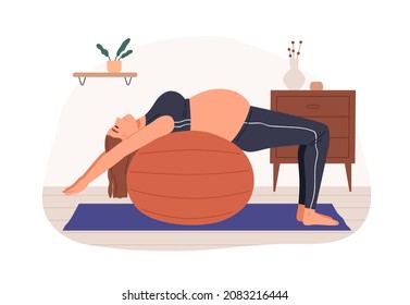 Pregnant woman doing balancing exercise, lying on birthing ball. Female practicing prenatal yoga, stretching her body and belly during pregnancy. Flat vector illustration isolated on white background