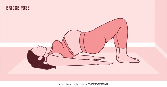 Pregnant Woman doing Bridge Pose, Beautiful girl practice Setu Bandha Sarvangasana. Flat vector illustration