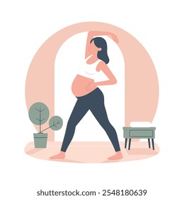 Mujer embarazada que hace la Ilustración vectorial del ejercicio aislada en blanco. Concepto de mujeres embarazadas de yoga. Relájate y medita para la futura madre.