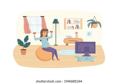 Pregnant woman doing exercises with dumbbells at home scene. Young family expecting baby born. Pregnancy, childhood and maternity concept. Vector illustration of people characters in flat design