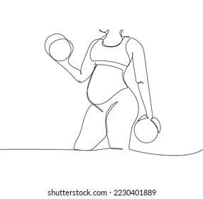 Pregnant woman doing exercises with dumbbells one line art. Continuous line drawing of pregnancy, sports, motherhood, fitness, preparation for childbirth, strength training, tone.