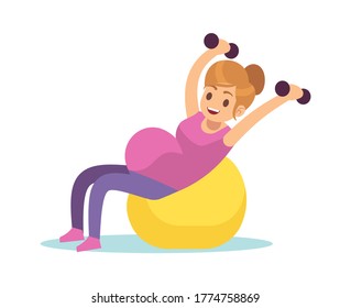 Pregnant woman doing exercises. Female fitness, yoga or gymnastics with fitball and dumbbell, health care and sport during pregnancy concept, cartoon flat vector isolated character