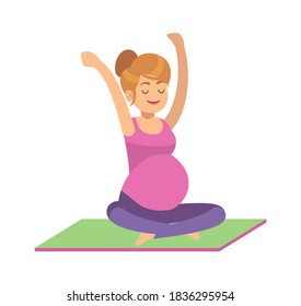 Pregnant woman doing exercises. Female fitness, yoga or pilates in sportswear on gymnastics carpet, health care and sport during pregnancy concept, young active cartoon flat vector isolated character