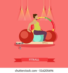 Pregnant woman doing exercises with fitness ball at fitness studio. Yoga practice for healthy pregnancy. Fitball, hula hoops, yoga mat and jump rope nearby. Vector illustration in flat design