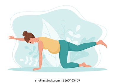 Pregnant woman doing exercises isolated on white. Prenatal yoga and a healthy lifestyle vector banner.