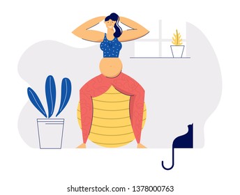 Pregnant Woman Doing Exercises on Fit Ball. Young Pregnancy Mother Aerobics. Sport Healthy Lifestyle Maternity Concept. Pregnant Girl with Belly Training. Vector flat cartoon illustration
