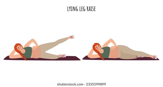 Pregnant woman doing lying leg raise exercise. Feminism, self acceptance and liberty. Active lifestyle. Sport, wellness, workout, fitness. Flat vector illustration