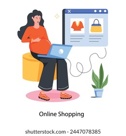 Pregnant woman doing online shopping, flat icon