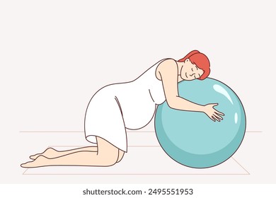 Pregnant woman doing pilates on fitness mats and leaning on inflatable ball. Preparing for childbirth for pregnant girl who cares about health and takes preventive measures to combat difficulties