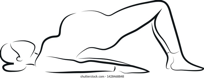 Pregnant Woman Doing Pregnancy Workout. Exercise: Lift Pelvis. Line Drawing Illustration On White Background. Vector Graphic.