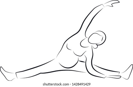 Pregnant woman doing Pregnancy Workout. Exercise: Stretching Upper Body. Line Drawing Illustration on white background. Vector graphic.