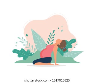 Pregnant woman doing prenatal yoga. Pregnancy health concept. Cute vector illustration in flat style